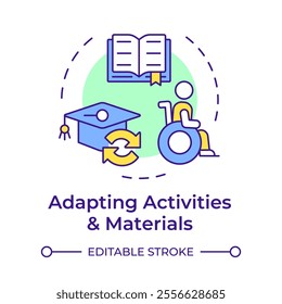 Adapting activities and materials multi color concept icon. Educative supplies for students with special needs. Round shape line illustration. Abstract idea. Graphic design. Easy to use in article