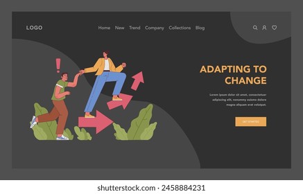 Adapting to change concept. Woman jumping on moving arrows, giving helping hand to surprised man. Dynamics of support and flexibility in life transitions. Steps towards personal growth. Flat vector