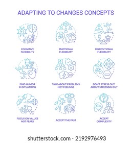 Adapting to changes blue gradient concept icons set. Skills and abilities. Flexibility idea thin line color illustrations. Isolated symbols. Roboto-Medium, Myriad Pro-Bold fonts used