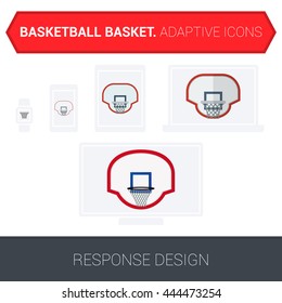 Adaptive basketball basket icons on white background on electronic devices: watch, mobile phones, tablet, laptop and tv. Responsive design templates.