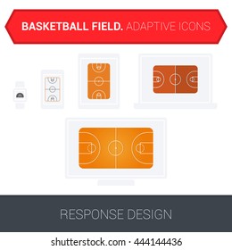 Adaptive basketball field icons on white background on electronic devices: watch, mobile phones, tablet, laptop and tv. Responsive design templates.