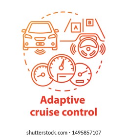 Adaptive cruise control concept icon. System for avoid road collisions. Self-driving car. Autopilot vehicle idea thin line illustration. Vector isolated outline drawing. Editable stroke