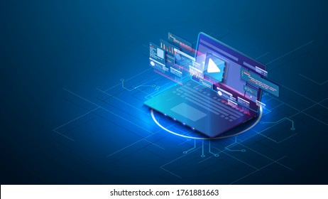 Adaptive design of the landing page for video marketing with isometric illustration of the browser window or online meeting work from home. Video content development, video marketing strategy. Vector