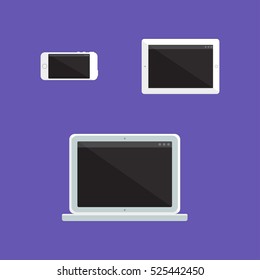 Adaptive Design Mockup. Gadget and Device Elements. White Smartphone, Tablet, Notebook Mock-up. Flat minimalistic pad, phone, laptop templates set. Vector