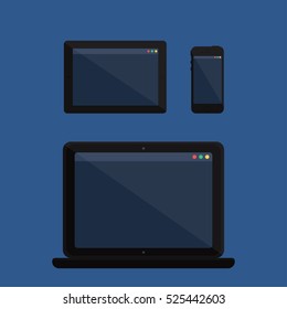 Adaptive Design Mockup. Gadget and Device Elements. Black Smartphone, Tablet, Notebook Mock-up. Flat minimalistic pad, phone, laptop templates set. Vector