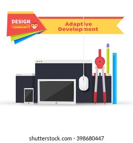 Adaptive development tablet and paint tools. Website and technology, adaptive page device, tool mobile, drawing and monitor site, smartphone webpage, tablet vector illustration