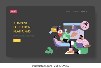 Adaptive Education Platforms concept. Diverse students engage with digital learning tools for personalized education experiences. E-learning connectivity and inclusivity. Vector illustration.