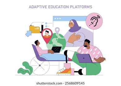 Adaptive Education Platforms concept. Diverse students engaging in online learning across the globe. Inclusive digital classroom interaction. Vector illustration.