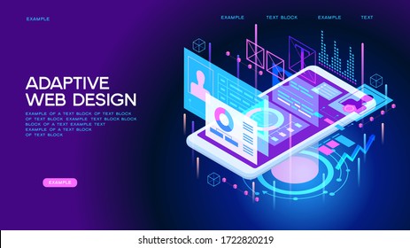 Adaptive interface design. Developers use software on multiple devices. Cross-platform software. 3d isometric vector illustration.