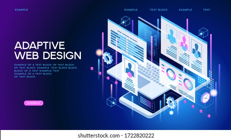 Adaptive interface design. Developers use software on multiple devices. Cross-platform software. 3d isometric vector illustration.