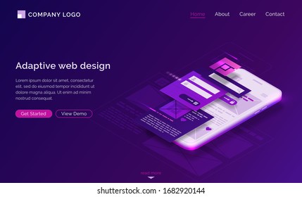 Adaptive interface design isometric landing page. User experience, ui ux mobile phone layouts, online form for login and password enter. Mobile app development, gadget software 3d vector web banner