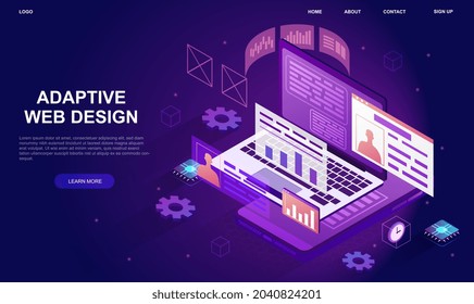 Adaptive interface design. Platform for app creators. Place for development of technological projects. User software, API prototyping. Cartoon flat vector illustration isolated on violet background