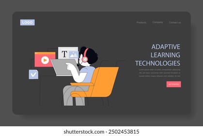 Adaptive Learning Technologies concept. Learner using digital tools for educational purposes on a website interface. Online education and personalized learning experience. Vector illustration.