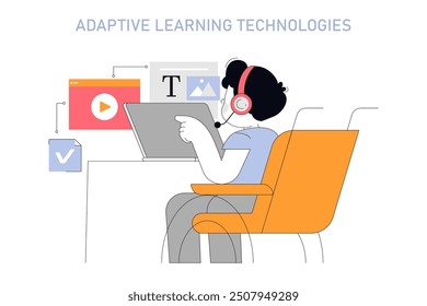 Concepto de Tecnologías de Aprendizaje Adaptativo. Estudiante participando con contenido digital interactivo. Educación personalizada a través de la tecnología. Ilustración vectorial.