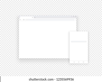 Adaptive mobile and web browsers mockup. Vector objects isolated on transparent background