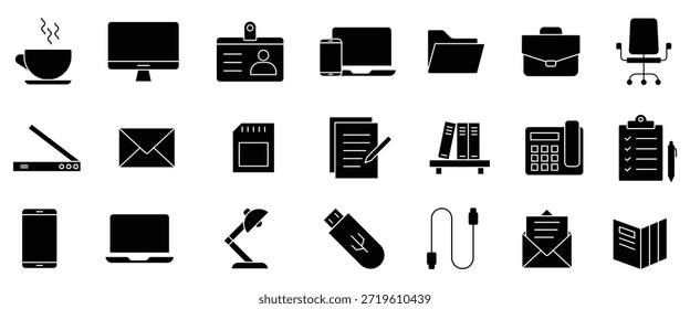 Iconos de oficina adaptables. Conjunto de iconos sólidos de escritorio de oficina. Adaptive Office Setup conjunto de iconos sólidos escritorio modular, silla rodante, panel divisor, canal de cable, marco de escritorio de pie, lámpara de tareas y más iconos.