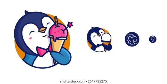 Logotipo e iconos adaptables del negocio del pingüino, pingüino minimalista del estilo de la historieta que come el helado