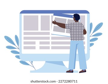 Adaptive programming concept. Man developing interface for website on computer. Graphic designer and programmer at workplace. Multiplatform interface for gadgets. Cartoon flat vector illustration