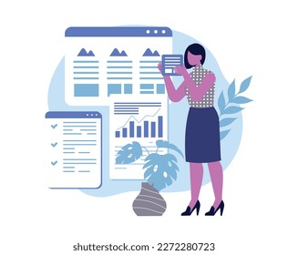 Adaptive programming concept. Woman designs graphic elements for website. Programmer and designer in workplace, freelancer. Multiplatform interface for apps. Cartoon flat vector illustration