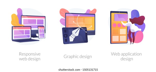 Adaptive programming icons set. Multi device development, software engineering. Responsive web design, graphic design, web application design metaphors. Vector isolated concept metaphor illustrations