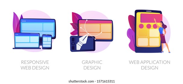 Adaptive programming icons set. Multi device development, software engineering. Responsive web design, graphic design, web application design metaphors. Vector isolated concept metaphor illustrations