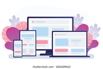Adaptive programming icons set. Multi device development, software engineering. Responsive web design, The website is open on computer, laptop, tablet and smartphone. Flat vector /Icon illustration.