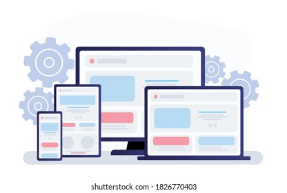 Adaptive programming icons set. Multi device development, software engineering. Responsive web design, The website is open on computer, laptop, tablet and smartphone. Flat vector /Icon illustration.