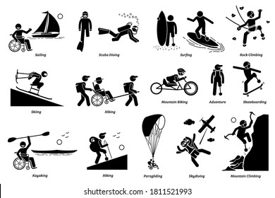Adaptive recreational activities for handicapped or disabled people stick figure icons. Vector illustrations of extreme sports and accessible adventures for person with physical disabilities.  svg