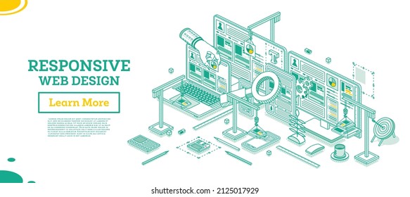 Adaptive and Responsive Web Design Isometric Concept. Vector Illustration. Smartphone, Laptop, Tablet and Desktop PC. Web Interface on the Screens. UI Design. Page Construction with Cranes.