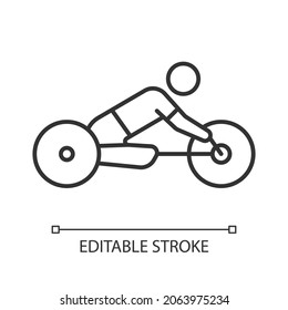 Adaptive road cycling linear icon. Road bike racing. Cycling competition. Athlete with disability. Thin line customizable illustration. Contour symbol. Vector isolated outline drawing. Editable stroke