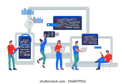 Adaptive software development and programming. Programmers testing and developing cross platform website or app. Multi device development and engineering, flat vector illustration isolated.