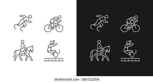 Adaptive sports linear icons set for dark and light mode. Equestrian and athletic sports. Prosthetic sportsman. Customizable thin line symbols. Isolated vector outline illustrations. Editable stroke