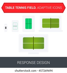 Adaptive table tennis field icons on white background on electronic devices: watch, mobile phones, tablet, laptop and tv. Responsive design templates.