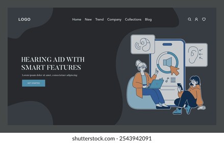 Adaptive technology concept. Elderly woman using laptop with hearing aid connectivity, alongside a younger person with a smartphone. Digital inclusion and accessibility. Vector illustration.