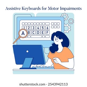 Adaptive technology concept. Illustration of accessible computing aids for individuals with motor skills impairments. Vector illustration.