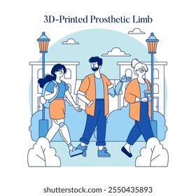 Adaptive Technology concept. Illustration of people with a 3D-printed prosthetic limb enjoying a walk. Inclusion and innovation in assistive devices. Vector illustration.