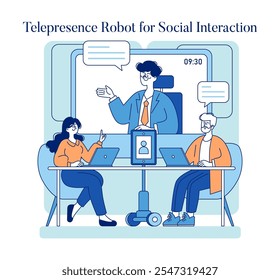 Conceito de tecnologia adaptável. Ilustração retratando um robô de telepresença facilitando um encontro virtual para uma interação social aprimorada. Avanço da comunicação remota. Ilustração vetorial.