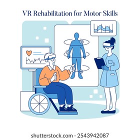 Adaptive technology concept. Illustration of VR rehabilitation for enhancing motor skills with patient and therapist. Efficient recovery methods in healthcare. Vector illustration.