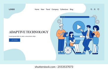 Adaptive technology concept. Inclusive digital tools shown with diverse users engaging with multimedia. Accessibility in tech and education. Vector illustration.