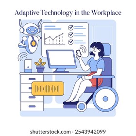 Adaptive Technology concept. Inclusive workplace featuring a person using assistive devices and AI for efficiency. Wheelchair, robot assistant, accessible desk. Vector illustration.
