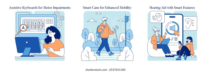 Adaptive Technology set. Assistive devices enhancing daily life for individuals with impairments. Inclusive tech for communication, mobility, and hearing. Vector illustration.