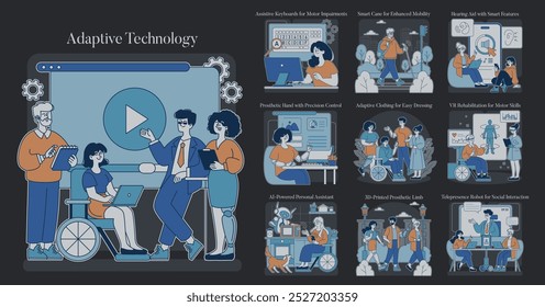 Adaptive Technology set. Enhancing daily life with assistive devices and accessibility features. Inclusive designs foster autonomy and interaction. Vector illustration.