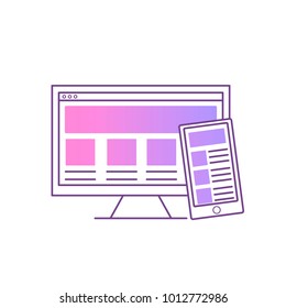 Adaptive web design. Computer with phone. Vector gradient line icon