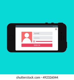 Adaptive Web Phone Template and Gadget Elements for site form of login to account on Smartphone. Vector