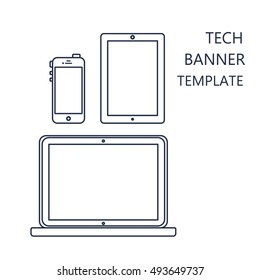 Adaptive Web Phone Template and Gadget Banner on Smartphone, Tablet, Notebook. Outline minimalistic pad, phone, laptop mockups. Vector
