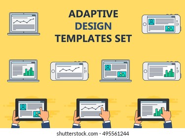 Adaptive Web Phone Template and Gadget Elements for site of blog and infographics on Smartphone, Tablet, Notebook. Outline minimalistic pad, phone, laptop mockups. Vector