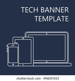 Adaptive Web Phone Template and Gadget Banner on Smartphone, Tablet, Notebook. Outline minimalistic pad, phone, laptop mockups. Vector tech banner