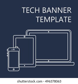 Adaptive Web Phone Template and Gadget Banner on Devices Smartphone, Tablet, Notebook. Outline minimalistic devices pad, phone, laptop mockups. Vector devices set