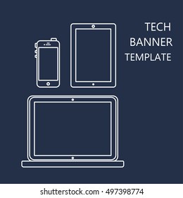 Adaptive Web Phone Template and Gadget Banner on Smartphone, Tablet, Notebook. Outline minimalistic pad, phone, laptop mockups. Vector