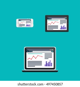 Adaptive Web Phone Template and Gadget Elements for site of blog and infographics on Smartphone, Tablet, Notebook. Flat minimalistic pad, phone, laptop mockups. Vector